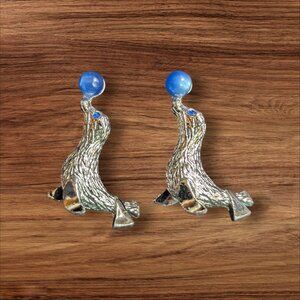 Vintage Silver-Tone Seal Pins Balancing Blue Beads Circus-Themed Cute Set of 2 B